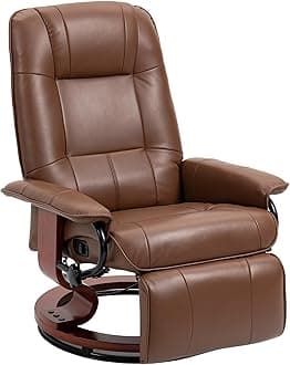 Swivel Recliner Chair, PU Leather Reclining Armchair with Retractable Footrest, Lounge Chair with Wood Base and Adjustable High Back for Small Spaces, Living Room, RV, Bedroom, Brown