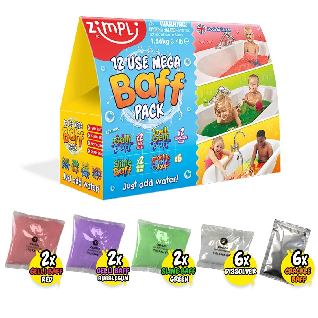 ZIMPLI 12 Use Mega Value Baff Pack from Kids, 4 x Gelli Baff, 2 x Slime Baff & 6 x Crackle Baff, Perfect Xmas Present, Green, Red