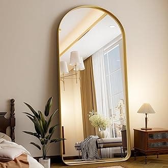 Easly 71''x30'' Large Arched Full Length Mirror, Floor Standing Stylish Full Body Mirror with Rounded Corners for Home Decor, Aluminum Alloy Frame Hanging Mirror for Wall, Gold