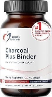 Designs for Health Charcoal Plus Binder - Zeolite Detox Process with Activated Charcoal, Organic Chlorella - Toxin Binder for Full Body, GI & Gut Detox Support (60 Softgels)