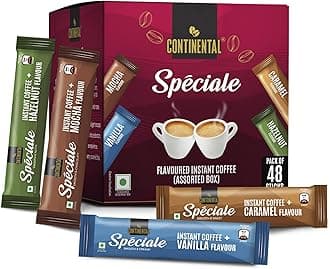 - Continental Speciale Assorted Coffee Sachets - 96gm | Pack of 48 | Flavour Instant Coffee Powder | 2g Each - Hazelnut, Vanilla, Mocha, Caramel | Makes 48 Cups | Enjoy Hot or Cold