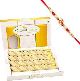 Ghasitaram Gifts Rakhi Gifts for Brothers - Rakhi Gifts Sweets-Ghasitarams Pure Kaju Katlis Box 400 GMS with Om Rakhi