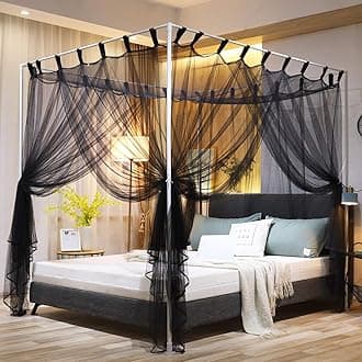 Mengersi Simple 4 Corner Post Bed Canopy Curtains Quick Easy Installation with Buttons (King, Black)