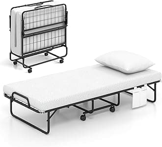 Folding Bed with Mattress and Top Pillow, Cot Portable Guest Bed w/Metal Frame, Storage Pocket & Cover, Space-Saving Rollaway Bed with Memory Foam Mattress for Adults, 75" x 31"