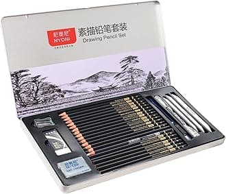 Sketching Pencils Set, Iron box packaging, Including Graphite & Charcoal Pencils and Blending Stumps etc.(A set with 29pieces)