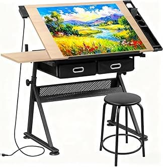 ZENY Adjustable Drafting Table with Stool, Tilting Drawing Desk Artist Table with Storage Drawers, Art Craft Workstation for Home Office Reading, Writing, Crafting (Brown-with Outlet)