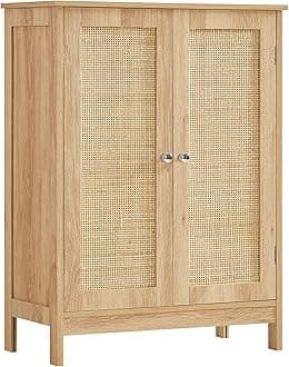 Iwell Storage Cabinet, Rattan Cabinet with Adjustable Shelf, for Living Room, Entryway, Kitchen, Home Office, Nature