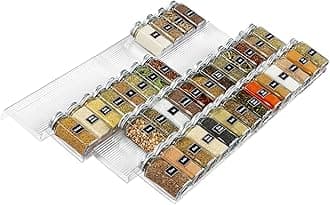 Lifewit Adjustable Plastic Spice Tray, Kitchen Drawer Organizer for 64 Condiment Jars, for Organizing Countertop, Cabinet, Shelf, 4-Tier, 8-Pack, Clear