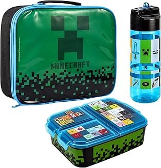 Zawadi Global Minecraft Kids Childrens Lunch Box Set – Insulated Lunch Bag, Multicompartment Lunch Box & 540ml Water Bottle - School Travel Lunch Food Set, BPA Free