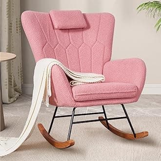 VECELO Rocking Chair Nursery with Thick Headrest, Modern Teddy Upholstered Reading Glider Rocker Accent Armchair with High Backrest, Padded Seat, Side Pocket, for LivingRoom, Baby Room, Soft Pink