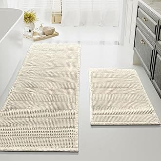 H.VERSAILTEX Waffle Bath Mat Super Absorbent Bathroom Mats Non Slip Bath Rugs for Bathroom Floor Machine Washable Ultra Soft Bathroom Rugs for Beside Tub, (32 x 20 Plus 24 x 60 - Inches, Ivory)