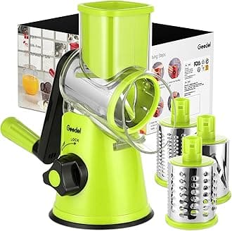 Geedel Rotary Cheese Grater, Cheese Shredder, Kitchen Mandoline Vegetable Slicer with 3 Interchangeable Blades, Easy to Clean Rotary Grater Slicer for Fruit, Vegetables, Nuts