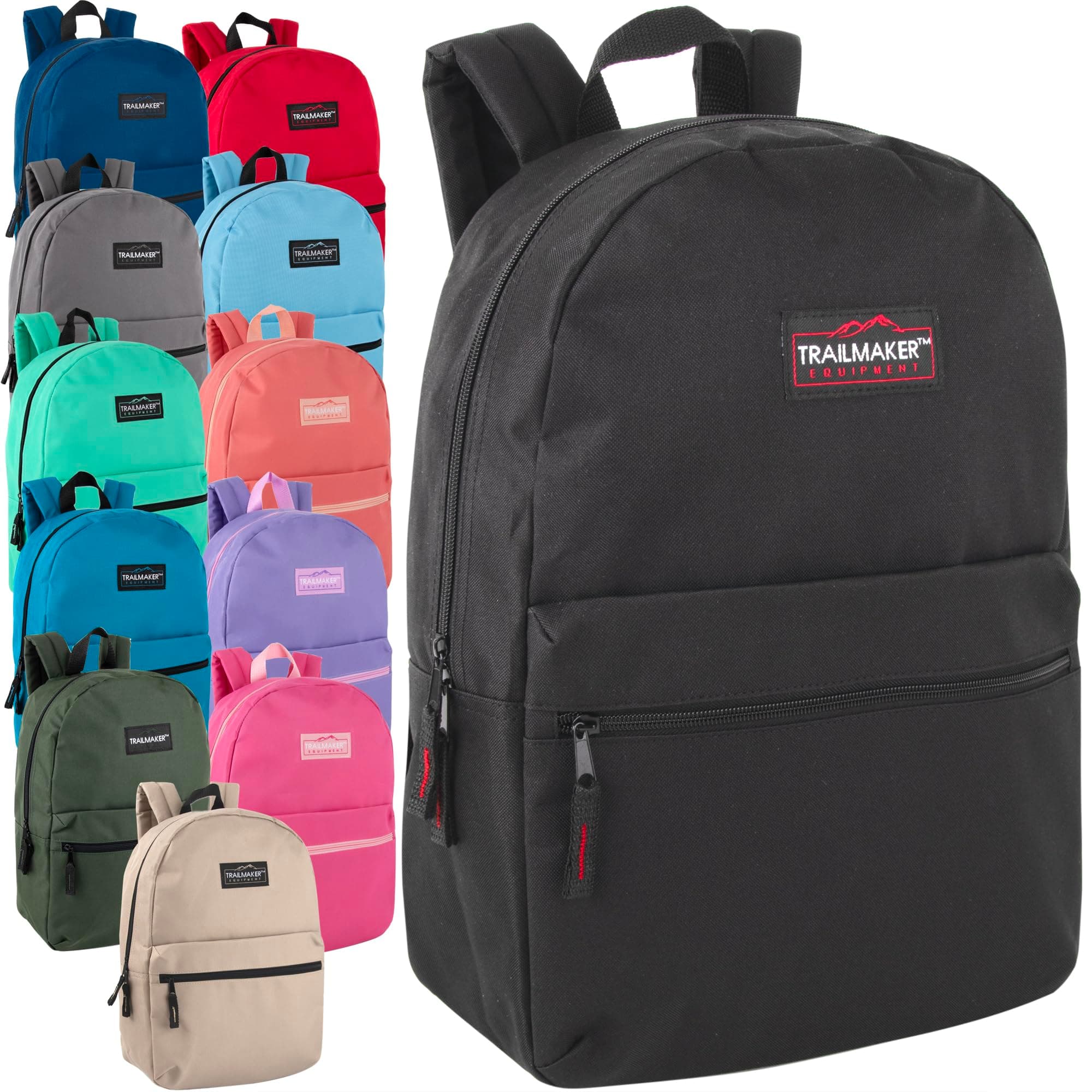 Trail maker 24 Pack- Classic 17 Inch Backpacks in Bulk Wholesale Back Packs for Boys and Girls (Assorted 12 Colors Pack)