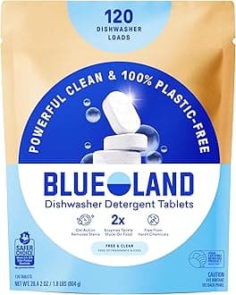 BLUELAND 100% Plastic-Free Dishwasher Detergent Tablets, 120 Count, Free & Clear, Eco-Friendly Dishwashing Pods, Natural, USDA Certified biobased