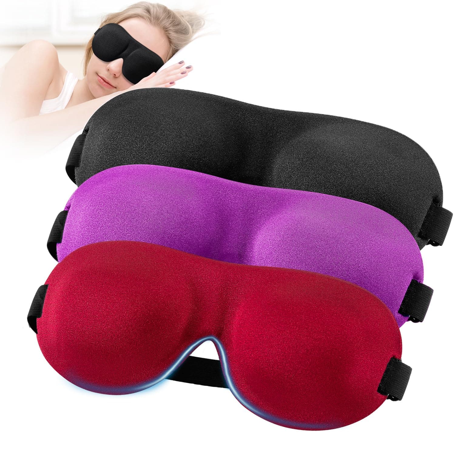 Sleep Mask, 3 Pack Lightweight Comfortable Super Soft Large Adjustable 3D Contoured Eye Masks For Sleeping, Travel, Shift Work, Naps, Night Blindfold Eyeshade For Men Women (Black Red Purple)