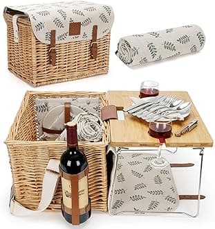 WILLOW WEAVE Picnic Basket with Table, Picnic Basket Set for 2, Willow Hamper with Wine Holder, Wicker Picnic Set with Blanket & Premium Tableware for Outdoor, Wedding, Anniversary, Birthday Gift
