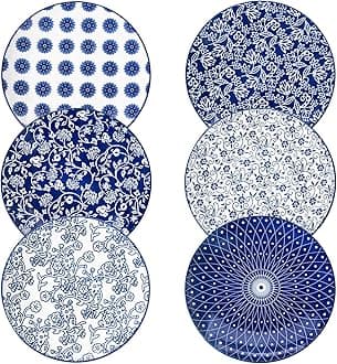 Ceramic Dinner Plates Set - 10.5 Inch Large Kitchen Porcelain Salad Serving Plate for Pasta Steak Pizza Pancakes - Scratch Resistant Dishwasher Oven Microwave Safe - Set of 6 - Vintage Blue