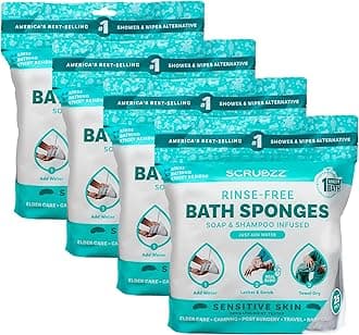 Scrubzz Disposable No Rinse Bathing Wipes for Sensitive Skin - All-in-1 Single Use Shower Wipes, Simply Dampen, Lather, and Dry Without Shampoo or Rinsing (Sensitive Skin, 4-Pack)