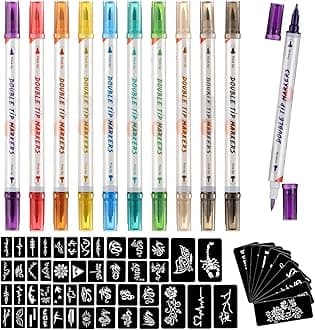 HAWINK Temporary Tattoo Markers for Skin, 10 Body Markers + 56 Large Tattoo Stencils, Dual-End Tattoo Pens Make Bold and Fine Lines ZYH2208001KIT