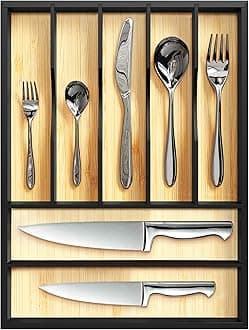 ROYAL CRAFT WOOD Luxury Bamboo Kitchen Drawer Organizer - Silverware Organizer - Utensil Holder and Cutlery Tray with Grooved Drawer Dividers for Flatware and Kitchen Utensils (7 Slot)