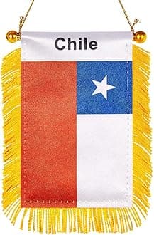 WXTWK 3 X 5 Inch Chile Flag Chilean Window Hanging Flag Small Mini Car Flags Banners Rearview Mirror Decoration With Suction Cup Golden Fringy Banner