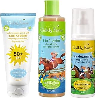 Childs FarmSummer Essentials - Kids and Baby Sun Cream SPF 50plus, 100ml, 3-in-1 Swim Strawberry & Organic Mint, 250ml and Kids Hair Detangler, Grapefruit and Organic Tea Tree, 125ml