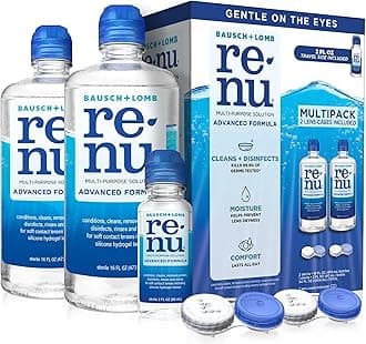 Renu Contact Lens Solution by, Multi-Purpose Disinfectant, Advanced Formula Kills 99.9% of Germs, 16 Fl Oz (Pack of 2), Includes 2 Fl Oz Travel Size