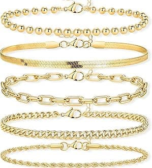 Gold Bracelets Set for Women Stack, Chunky Thick Bracelets Stack for Women Trendy, Simple Dainty Thin Gold Plated Cuff Stackable Bracelets With Beaded Cuban Paperclip Snake Rope Bangle Hand Chain Jewelry