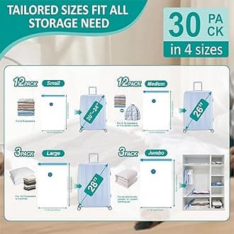 Cozy Essential Vacuum Storage Bags with Electric Pump, 30 Pack (3 Jumbo/3 Large/12 Medium/12 Small) Vacuum Seal Space Saver Bags for Clothing, Pillows, Blanket, Bedding, Comforters