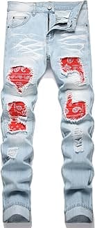 OIIIO Men's Ripped Slim Fit Straight Leg Jean Denim Pant
