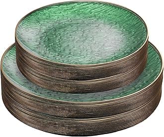 PLASTICPRO 48 Pieces Elegant Plastic Plates for Party Green with Gold Rim Includes 7" inch and 10" inch Fancy Plastic Plates Disposable Dinnerware