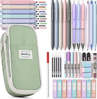Nicpro 50-Piece School Supplies with Pencil Case, 5 Retractable Black Gel Pens, 12 Colours Highlighters, 6 Mechanical Pencils 0.5 & 0.7 & 0.9 & 2.0mm, Ideal School Supplies for Writing and Drawing