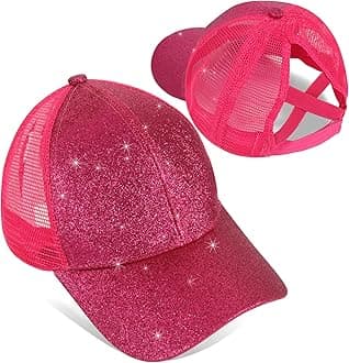 BROMZ Girls Glitter Baseball Cap Kids Ponytail Hat Adjustable Summer Mesh Trucker Hats for 4-12 Years