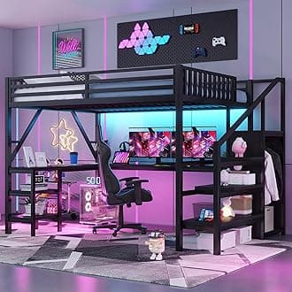 Queen Size Loft Bed with Stairs and Desk, Gaming Loft Beds with RGB LED Light and Storage Shelf, Heavy-duty Metal Loft Bed Frame with Wardrobe, Charging Station for Adults Kids Teens, Black
