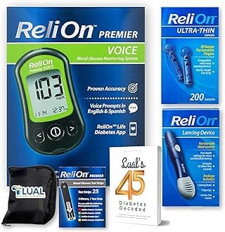 Premier VOICE Glucose Monitor Kit. Diabetes Testing Bundle with Audio Prompts + Test Strips, Lancets, Lancing Device & Luall's 45 Diabetes Decoded. Blood Glucose Monitor Kit