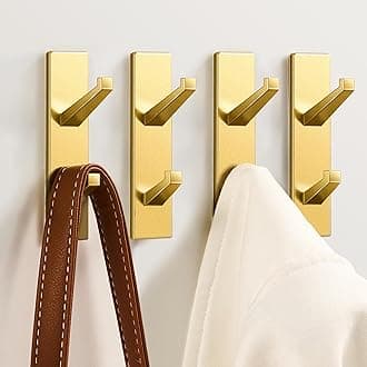 – Gold Self Adhesive Wall Hooks for Hanging Towels, Coats, Purses, Jackets, Hats - Strong Stick On Hangers for Door, Bathroom, Dorm, RV, Kitchen, Closet, Shower - Metal, 4 Pack