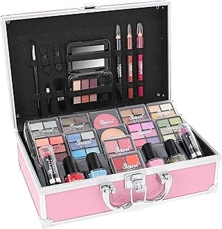 Hot Pink Makeup 82-pcs Vegan Vanity Case for Teens and Women with Eyeshadow, Blusher, Lipsticks and Nail Products – Fun Travelling Kit for Girls