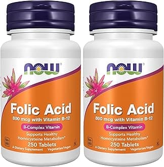 NOW Supplements, Folic Acid 800 mcg + B-12 (Cyanocobalamin) 25 mcg, B Complex Vitamin, 250 Tablets (Pack of 2)