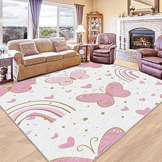 Kids Pink Butterfly Rug, Hearts Rugs for Living Room Bedroom, Rainbows Carpet, Pastel Home Decor, Washable Non Slip Low Pile extra large Area Rugs, 240 x 340 cm