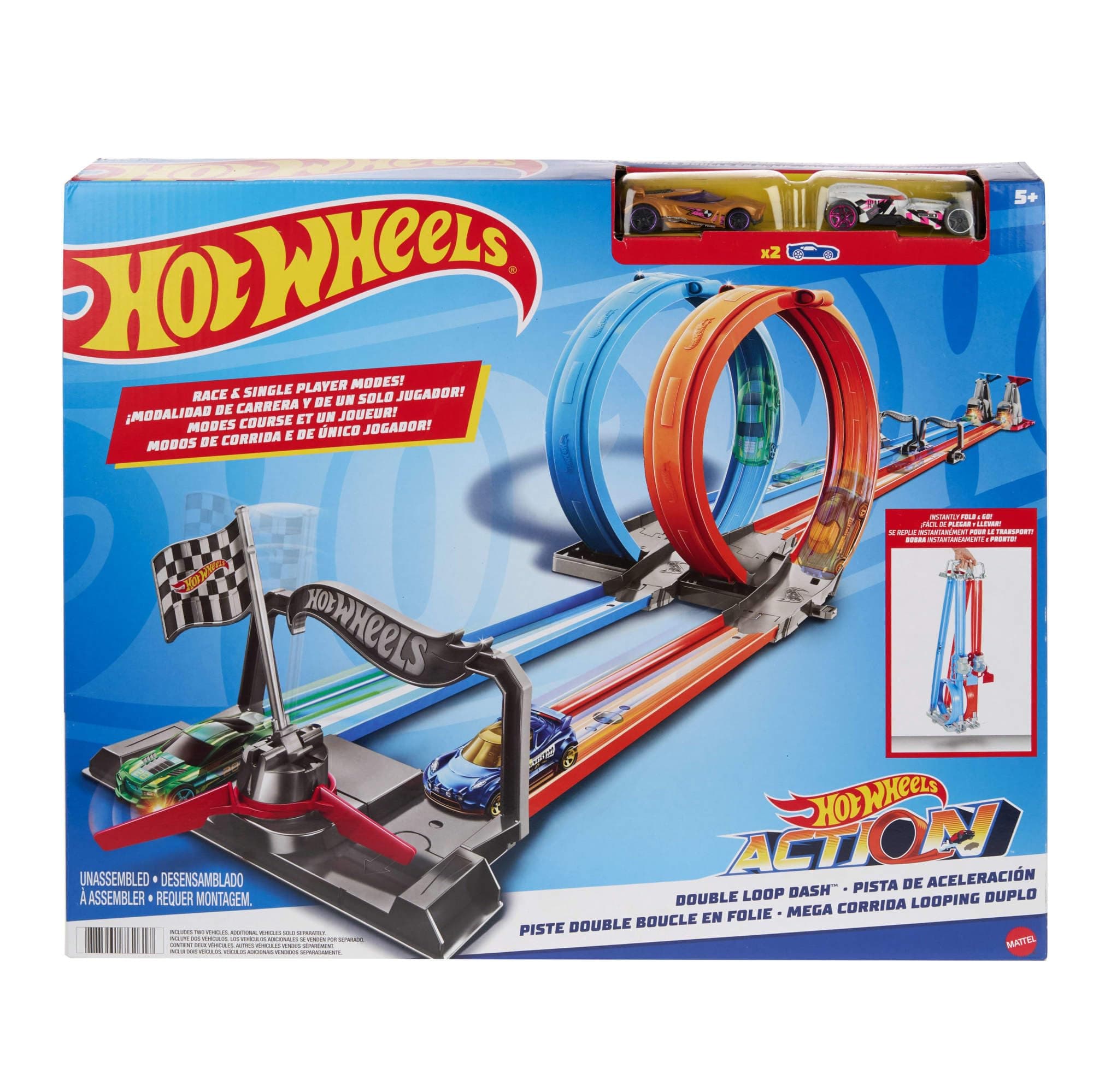 ​Hot Wheels® Double Loop Dash™ Straight Track Large Loops and 2 1:64 Scale Toy Cars Ages 5 to 10