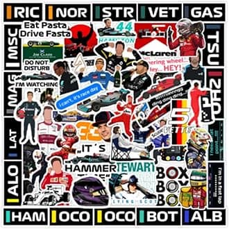 - Pack of 60 F1 Formula One Racing Vinyl Self-Adhesive Stickers for Laptop, Journal, Diary, Guitar, Mobile Case - Waterproof Residue Free Multicolor Stickers - 3 Inches for Metal, Glass