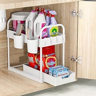 Under Sink Storage Kitchen Organiser, 2 Tier Sliding Kitchen Storage Under Sink Shelf, Multi-Purpose Organisation for Bathroom, Bottom Slide Out Basket White