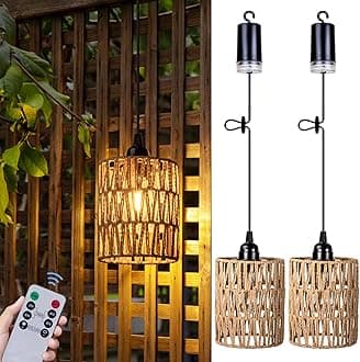 Battery Operated Chandelier, Battery Hanging Pendant Light, Rattan Lights with Warm White Bulb, 4*AA Battery Powered, for Gazebo Pergola Porch Patio Outdoor Indoor Decor (2)