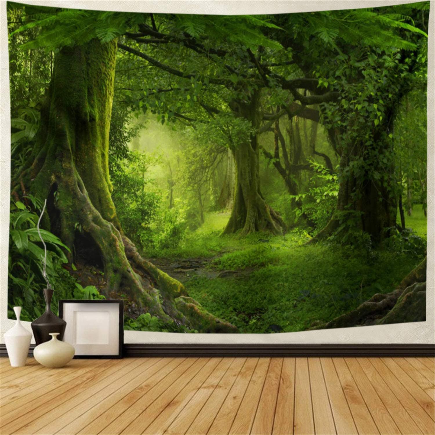 Lahasbja Misty Forest Tapestry Green Tree in Jungle Forest Tapestries Wall Hanging Nature Scenery Woodland Backdrop for Living Room Bedroom