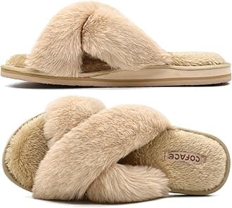 COFACEWomens Fuzzy Slides Fluffy Faux Fur House Slippers Open Toe Slip On Soft Memory Foam Slippers with Arch Support Indoor Outdoor,Clearance