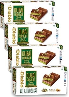 Diablo No Added Sugar Dubai Chocolate Bar – Smooth & Rich No Added Sugar Chocolate for All, Great for Gifting on Christmas, Birthdays, Valentines & More, Ideal Snack for Adults & Kids, 200g Pack of 4