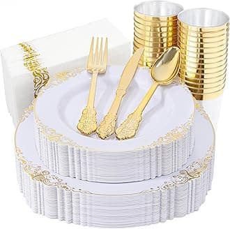 175PCS White and Gold Plastic Plates - Disposable Dinnerware Set Include 50 Gold Plates for Dinner and Dessert, 75 Cutlery, 25Cups 25Napkins for Wedding & Party & Thanksgiving