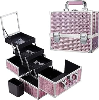 Makeup Train Case, Frenessa Large Makeup Box Organizer with Brush Holder, Cosmetic Train Case Makeup Organizer for Home Travel, Giltter Pink