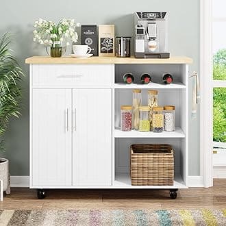 Shintenchi Kitchen Island Cart with Storage,Rolling Kitchen Island Side Table on Wheels with Large Worktop,Storage Cabinet,Towel Rack and Drawers for Kitchen,Dinning Room,White