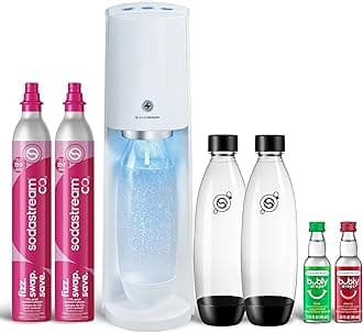 SodaStream E-TERRA Sparkling Water Maker Bundle (White), with CO2, Carbonating Bottles, and bubly Drops Flavors